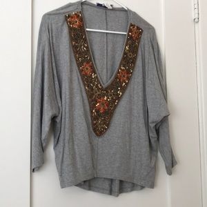 Deep V sequin applique beaded batwing sleeve top